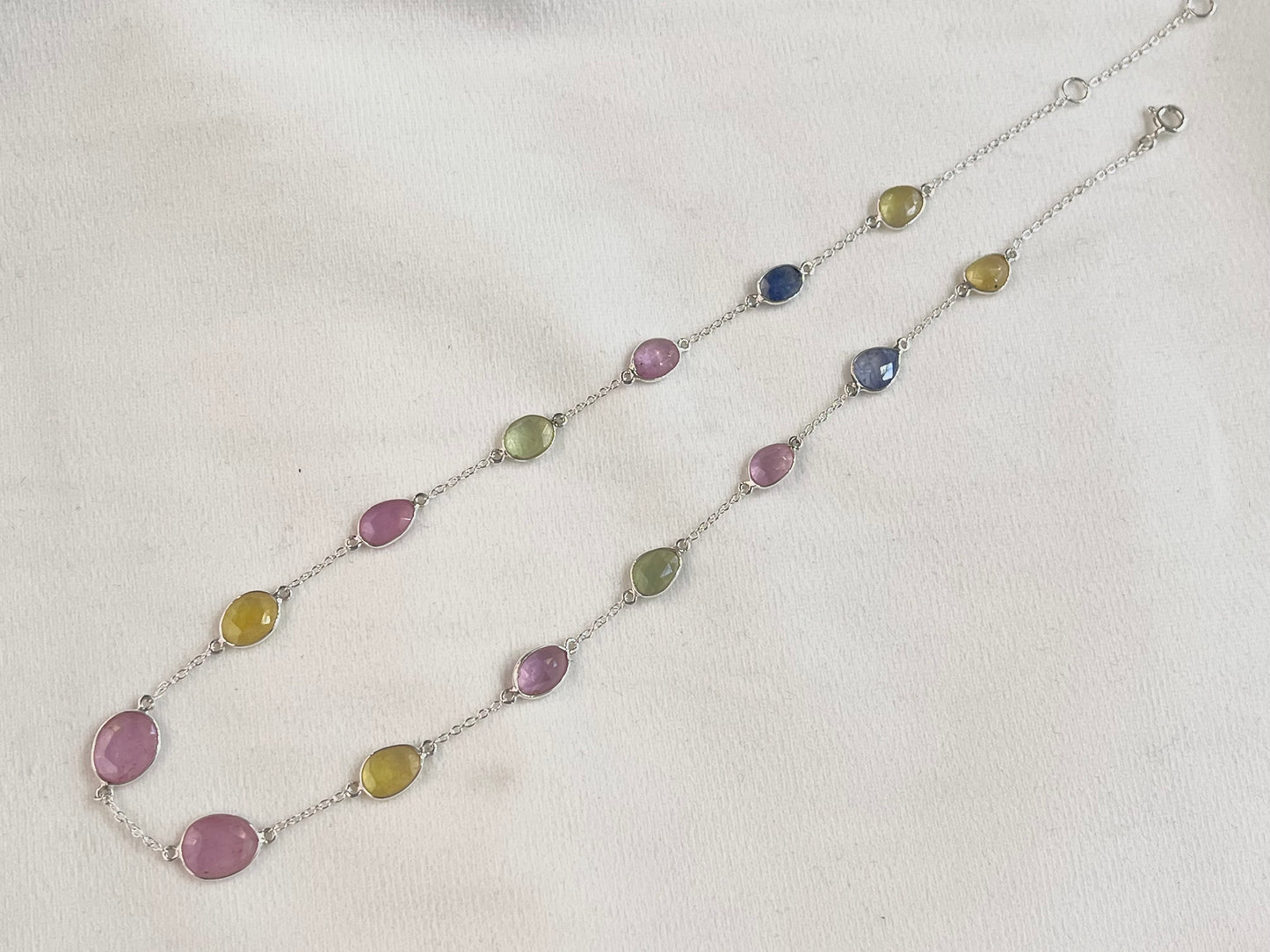 Multi Sapphire Rose cut Bezel Set Chain Necklace 925 Silver