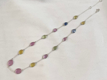 Multi Sapphire Rose cut Bezel Set Chain Necklace 925 Silver