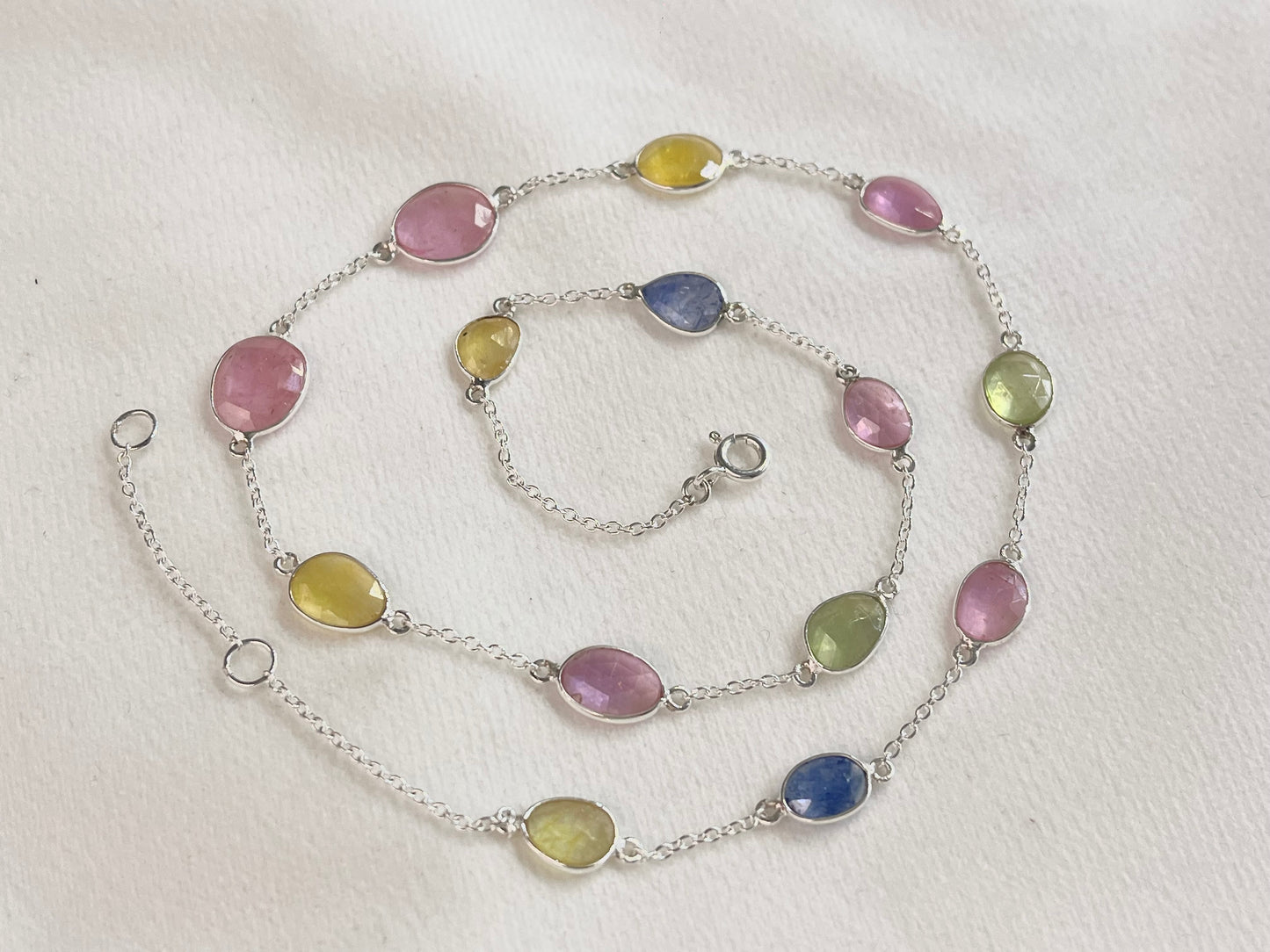 Multi Sapphire Rose cut Bezel Set Chain Necklace 925 Silver