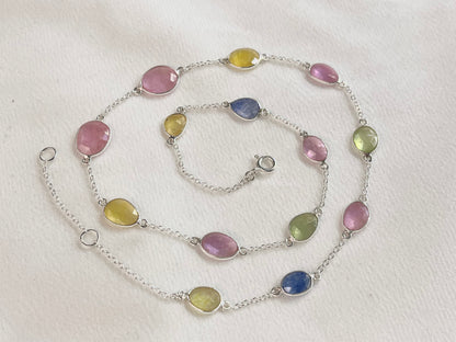 Multi Sapphire Rose cut Bezel Set Chain Necklace 925 Silver