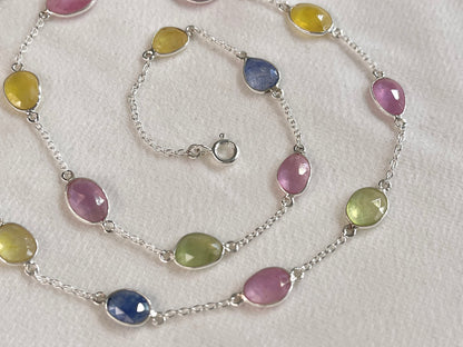 Multi Sapphire Rose cut Bezel Set Chain Necklace 925 Silver