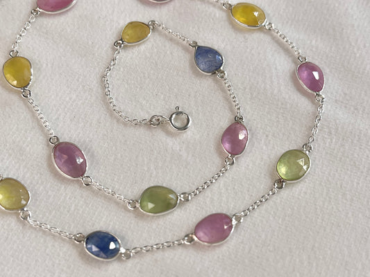 Multi Sapphire Rose cut Bezel Set Chain Necklace 925 Silver