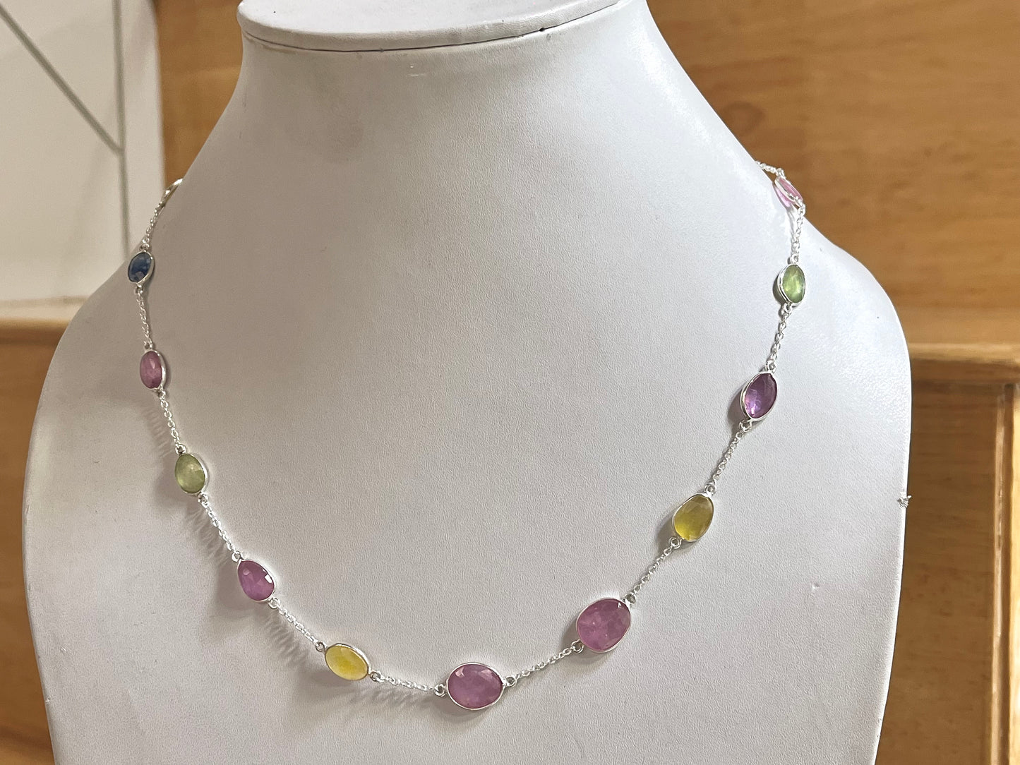 Multi Sapphire Rose cut Bezel Set Chain Necklace 925 Silver