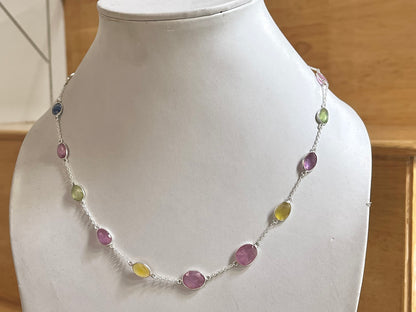 Multi Sapphire Rose cut Bezel Set Chain Necklace 925 Silver