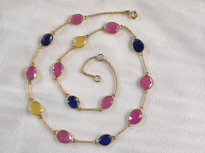 Pink Sapphire Rose cut Bezel Set Chain Necklace 925 Silver