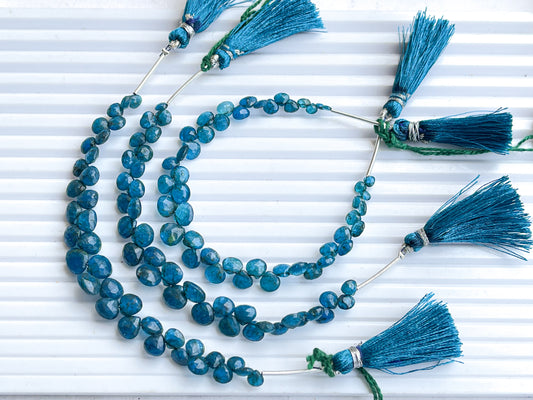 Neon Blue Apatite Faceted Heart Shape Briolette Beads