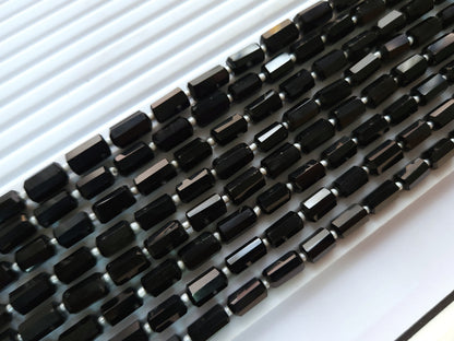 Natural Black Onyx Faceted Cylindrical Gemstone Beads