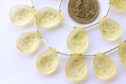 Lemon Quartz Beads Flower Carving Pear Shape Beadsforyourjewelry