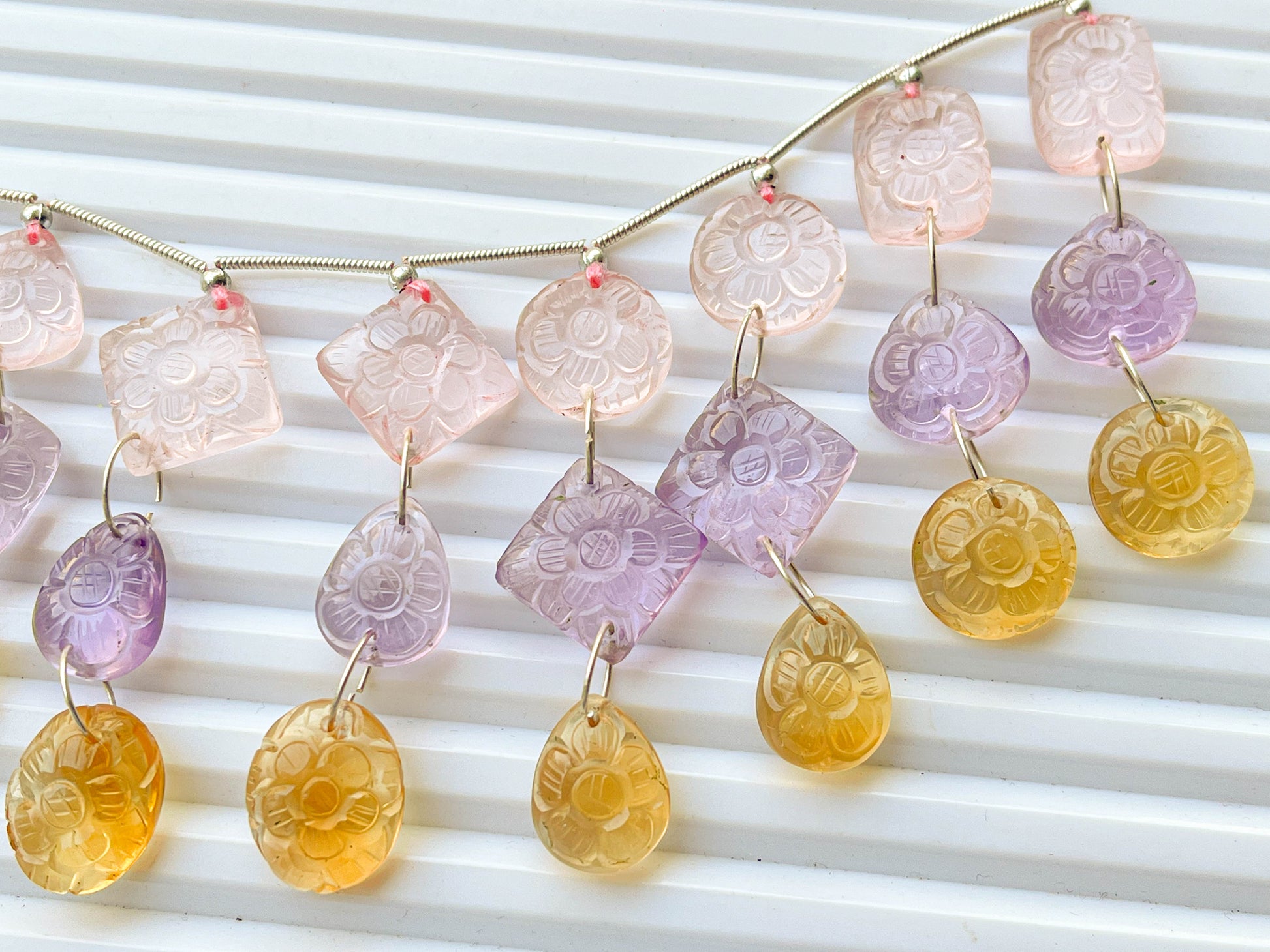 Mix gemstones Rose Quartz, Pink Amethyst, Citrine Carved Double drill pair, Beadsforyourjewelry