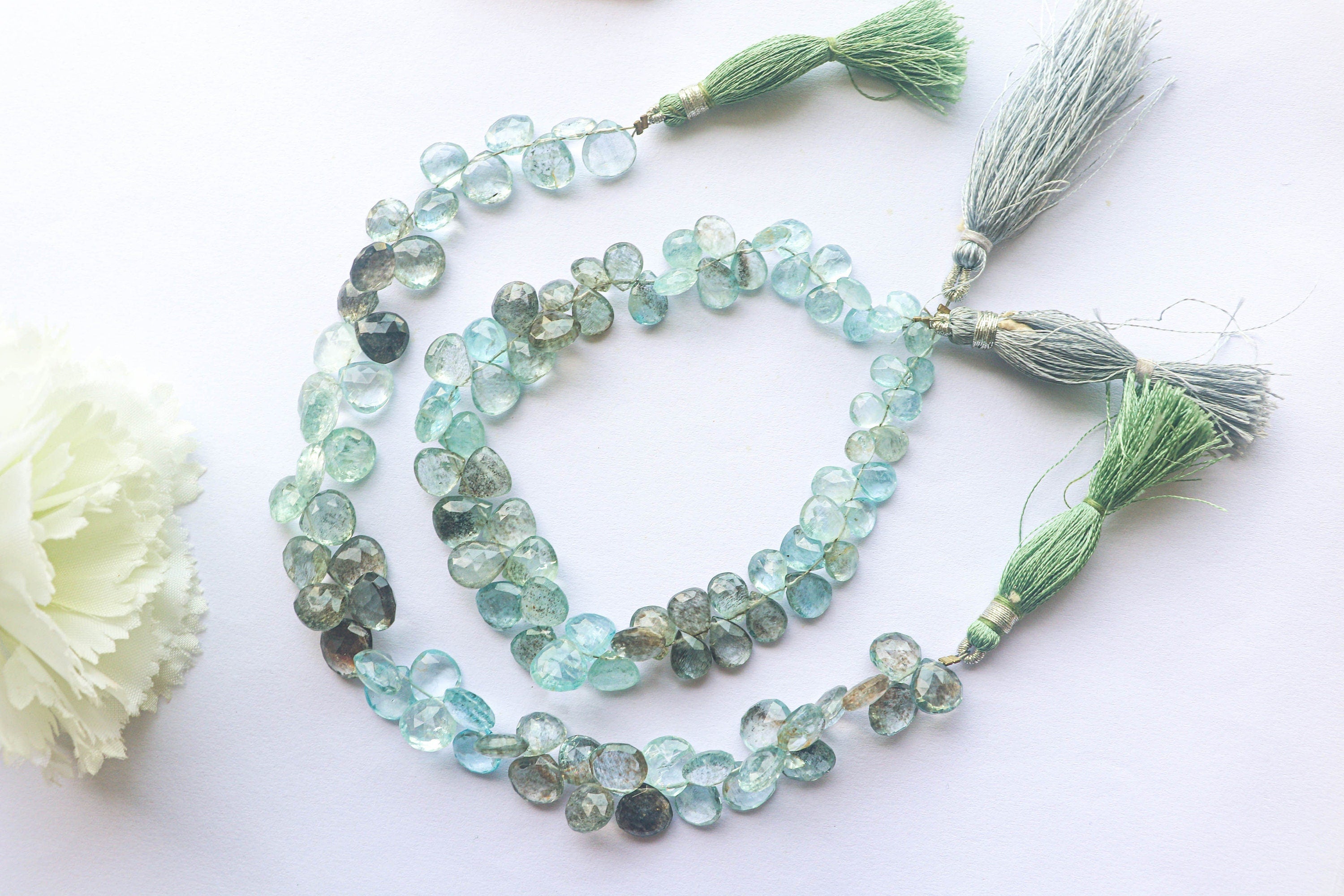 Moss Aquamarine Faceted Heart Shape Briolette | 6-10mm | 63 Pieces Full Strand | 9 Inch | Natural Moss Aquamarine | Beadsforyourjewellery Beadsforyourjewelry