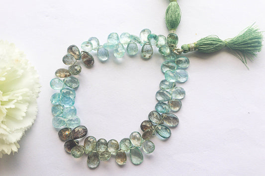 Moss Aquamarine Pear Briolette Faceted | 7x10-8x12mm Graduated | 58 Pieces Full Strand | 9 inch |  AAA+ Quality Natural Aquamarine beads Beadsforyourjewelry