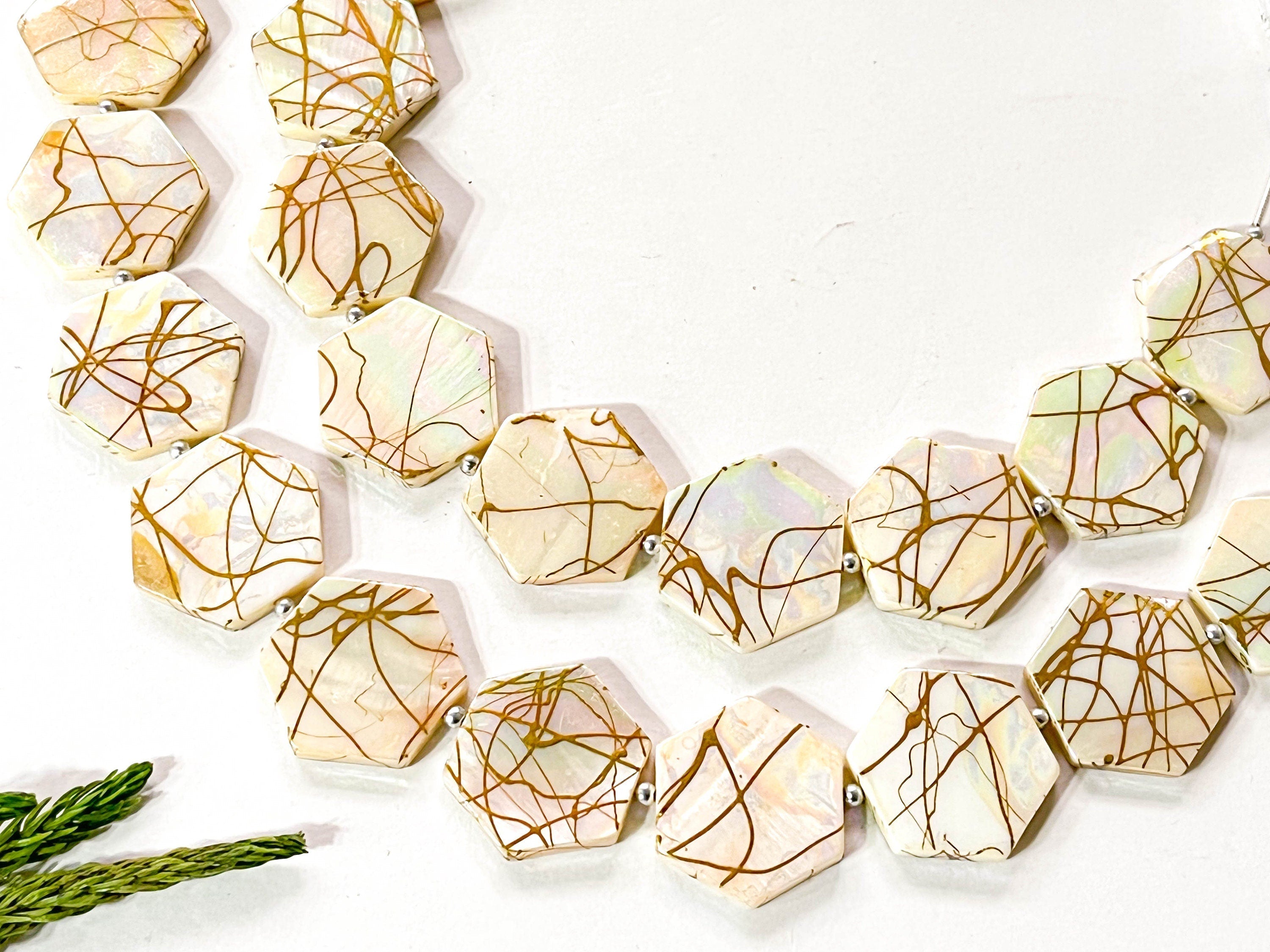 Natural Mother of Pearl with Gold Color Coating Beads | Hexagon Shape | 20x20mm | 10 Pieces | 8 Inches | Beadsforyourjewellery Beadsforyourjewelry