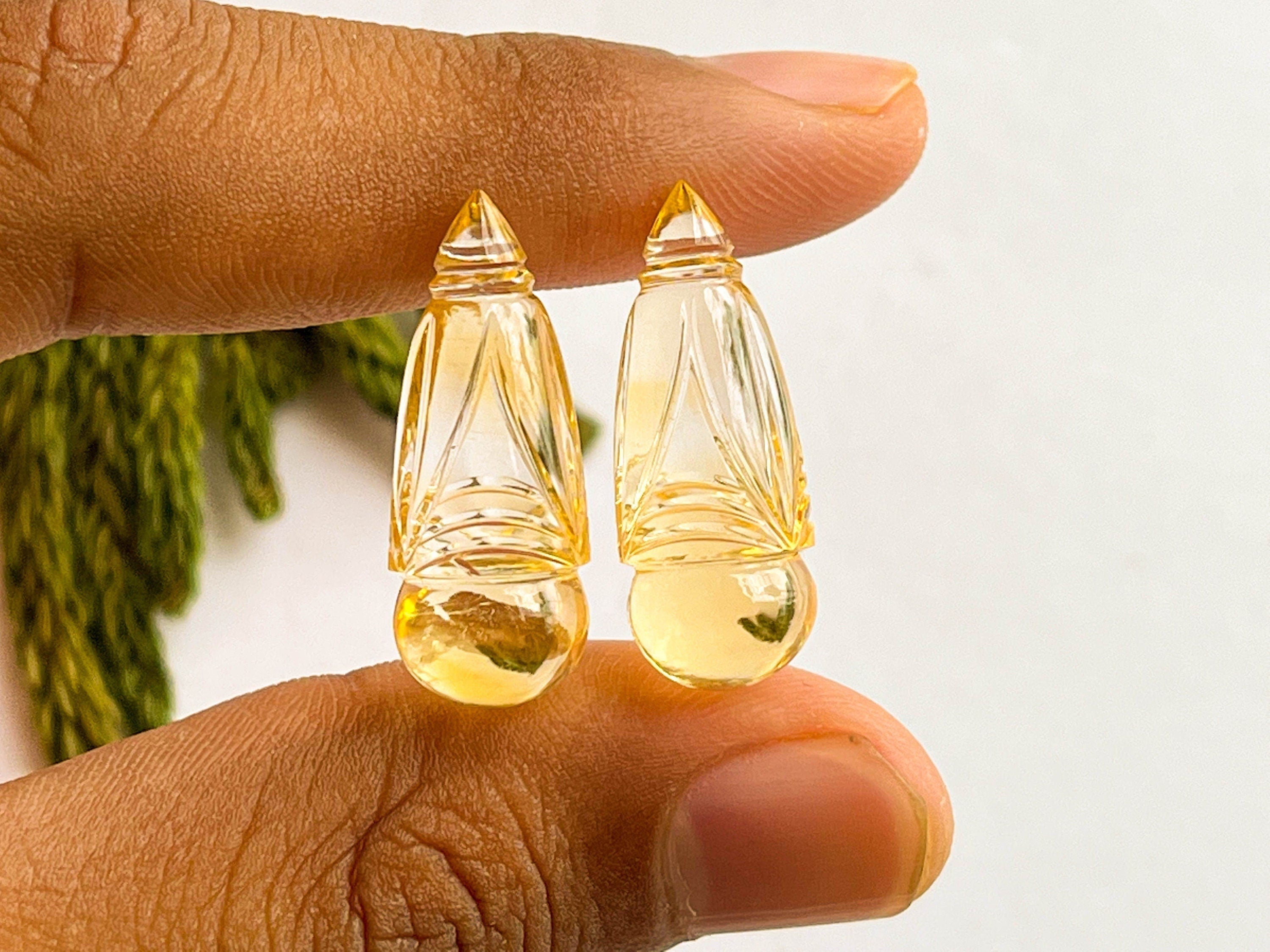 Pair of Citrine Gemstone Carving Drops, Natural Citrine, Citrine carved Drops, Citrine carving Pair, Citrine Drops for Earrings, 10x28mm Beadsforyourjewelry