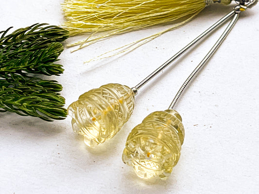 Pair of Lemon Quartz Flower Carved Bell Shape Beads Beadsforyourjewelry