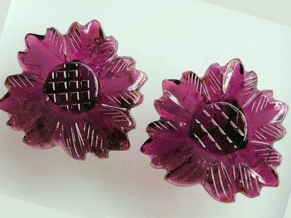 Natural Rubellite Tourmaline Gemstone Flower Carving (Big Size) Matching Pair
