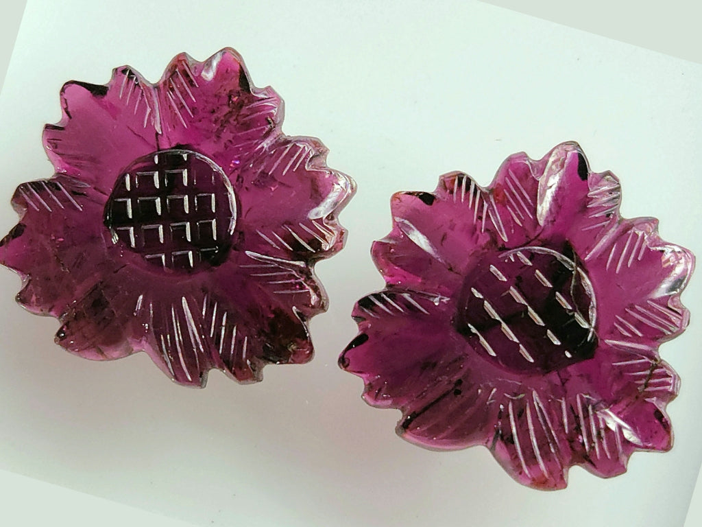 Natural Rubellite Tourmaline Gemstone Flower Carving (Big Size) Matching Pair