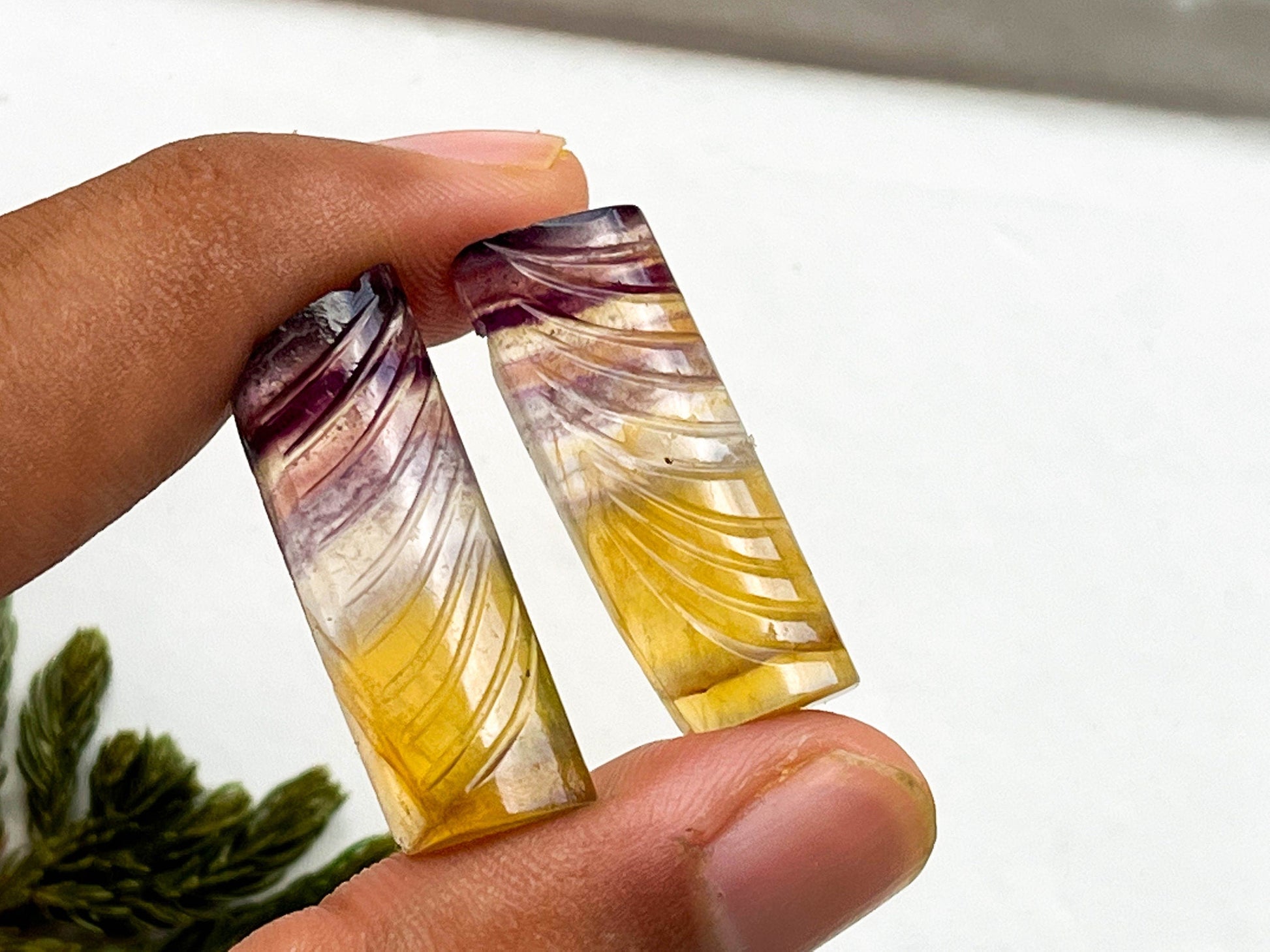 Rare Multi Fluorite Gemstone, 12x30mm, Matching Pair, Fancy Shape Carving Cabochon Pair, Natural AAA+ Multi Fluorite Gemstone Loose Cabochon BFYJ Beadsforyourjewelry