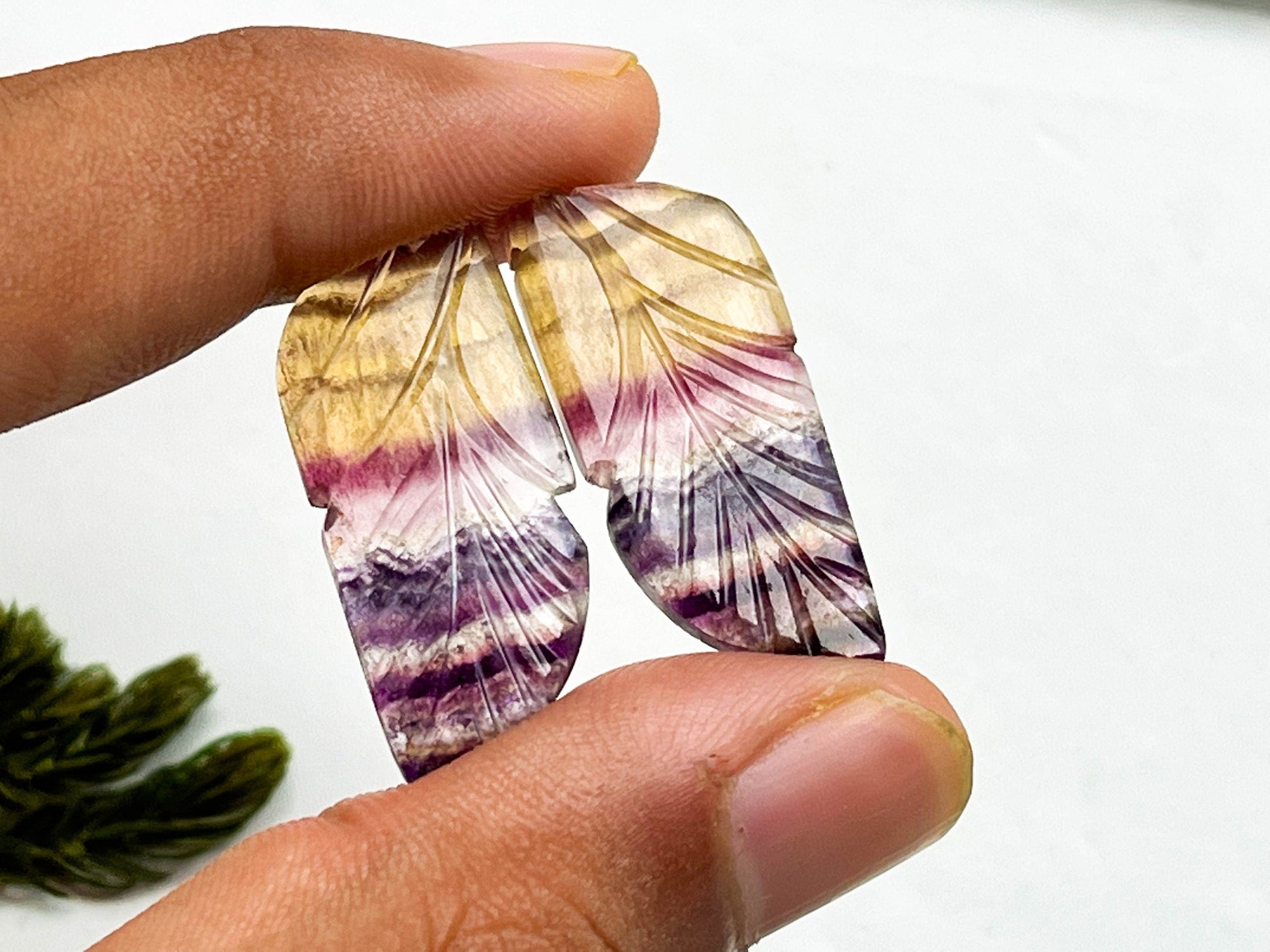 Rare Multi Fluorite Gemstone, 12x30mm, Matching Pair, Fancy Shape Carving Cabochon Pair, Natural AAA+ Multi Fluorite Gemstone Loose Cabochon Beadsforyourjewelry