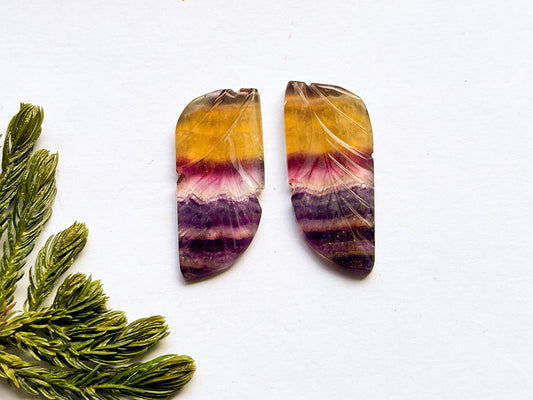 Rare Multi Fluorite Gemstone, 12x30mm, Matching Pair, Fancy Shape Carving Cabochon Pair, Natural AAA+ Multi Fluorite Gemstone Loose Cabochon Beadsforyourjewelry
