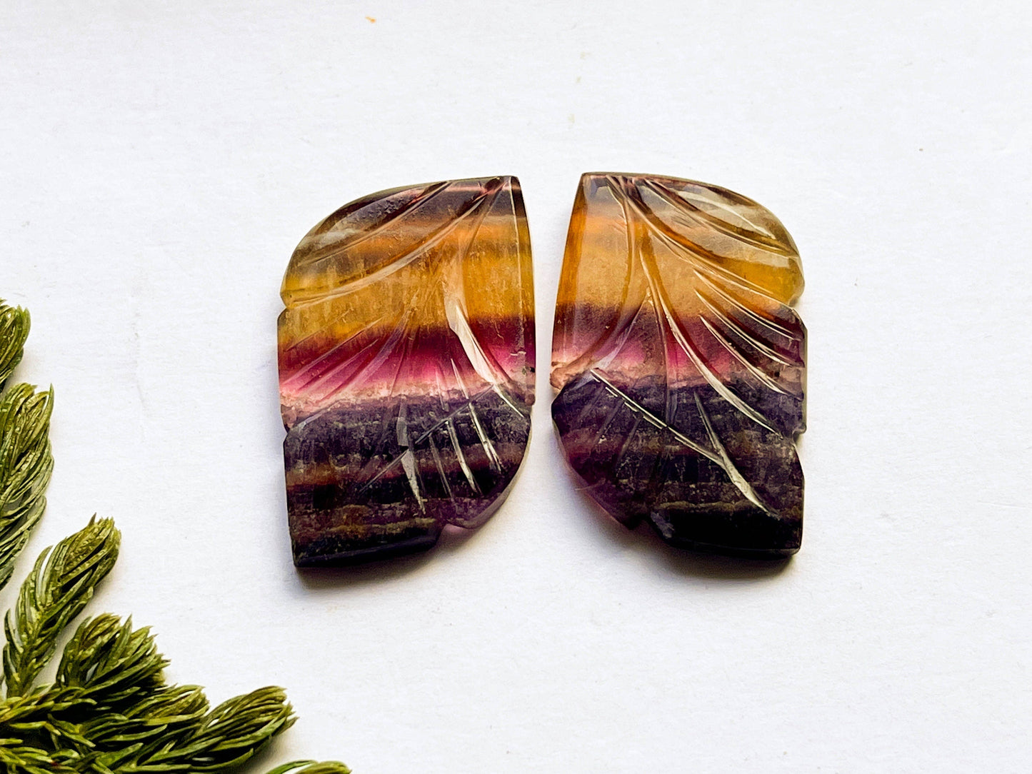 Rare Multi Fluorite Gemstone, 20x33mm, Matching Pair, Fancy Shape Carving Cabochon Pair, Natural AAA+ Multi Fluorite Gemstone Loose Cabochon Beadsforyourjewelry