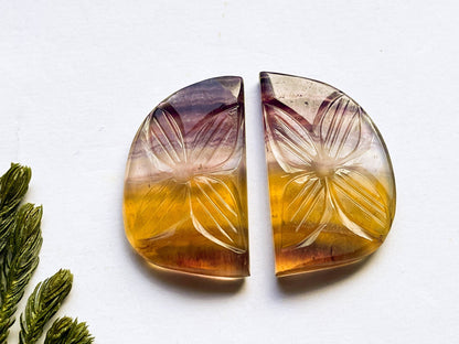 Rare Multi Fluorite Gemstone, 20x34mm, Matching Pair, Fancy Shape Carving Cabochon Pair, Natural AAA+ Multi Fluorite Gemstone Loose Cabochon Beadsforyourjewelry