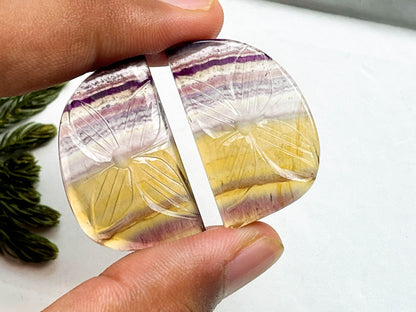 Rare Multi Fluorite Gemstone, 20x34mm, Matching Pair, Fancy Shape Carving Cabochon Pair, Natural AAA+ Multi Fluorite Gemstone Loose Cabochon Beadsforyourjewelry