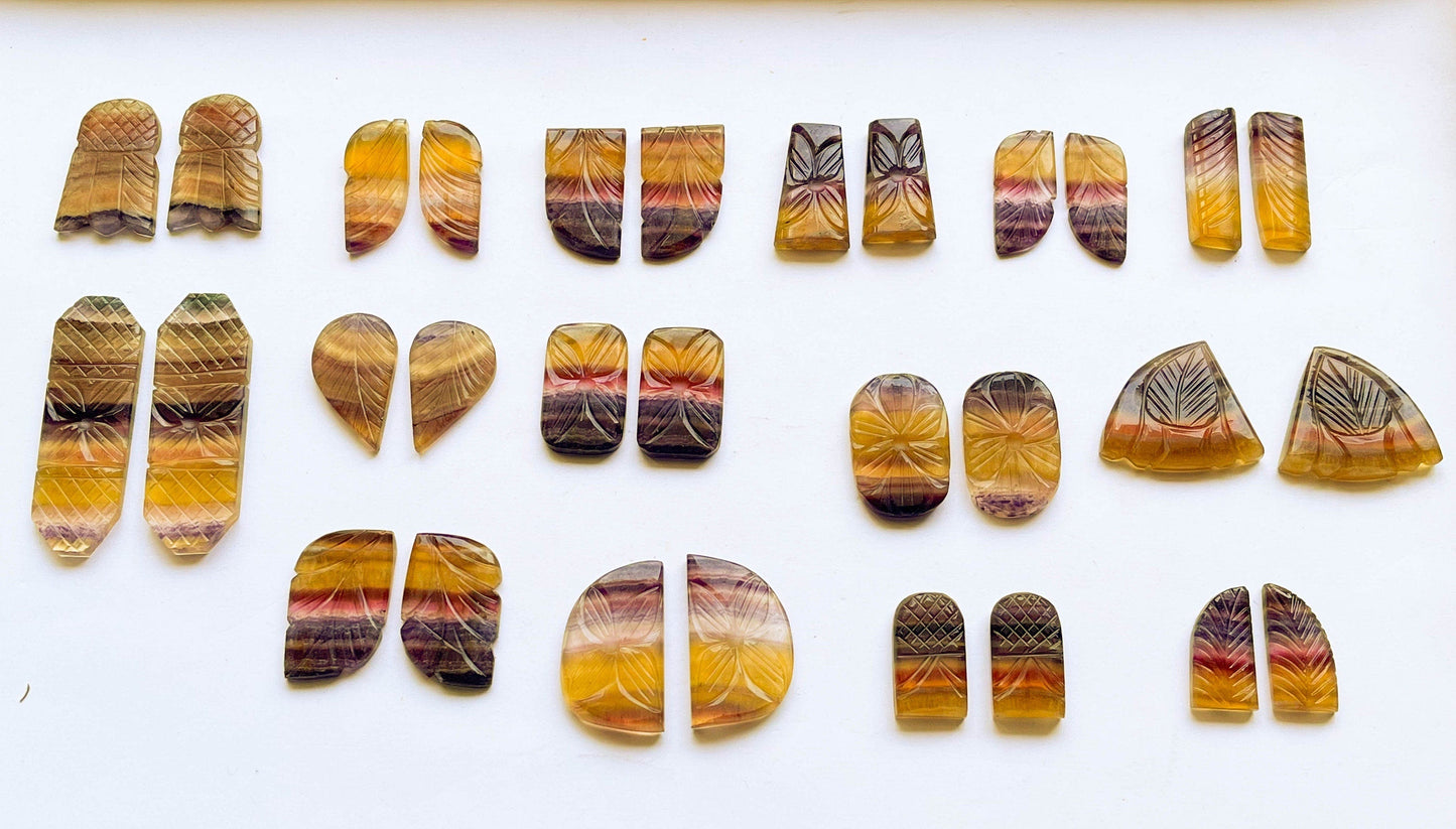 Rare Multi Fluorite Gemstone, 20x34mm, Matching Pair, Fancy Shape Carving Cabochon Pair, Natural AAA+ Multi Fluorite Gemstone Loose Cabochon Beadsforyourjewelry