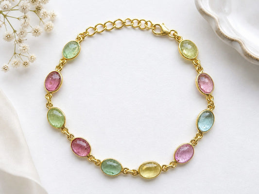 Natural Multi Tourmaline Bracelet | 925 Sterling Silver 18K Gold Plated