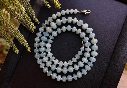 20 Inch Aquamarine Carved Melons, Aquamarine Carved Pumpkins Beads, Natural Aquamarine Gemstone, Aquamarine Carving Beads, 5mm to 10mm