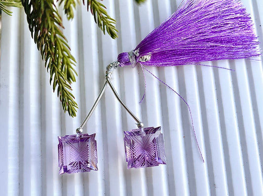 Amethyst  Faceted Laser Carving Square Shape, Matching Pair