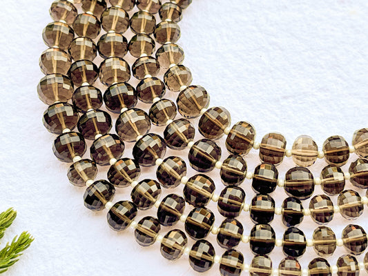 8" SMOKY QUARTZ Rondelle Shape Concave Cut Beads, Natural Smoky Quartz Gemstone beads, Concave Cut beads, Rondelle Shape beads, 6mm to 9mm