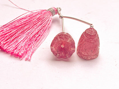 Pink Strawberry Quartz Carving Bell Shape Pair, Beautiful! Carving Work in Natural Gemstone for Earring's, 13x17MM, 2 Pieces