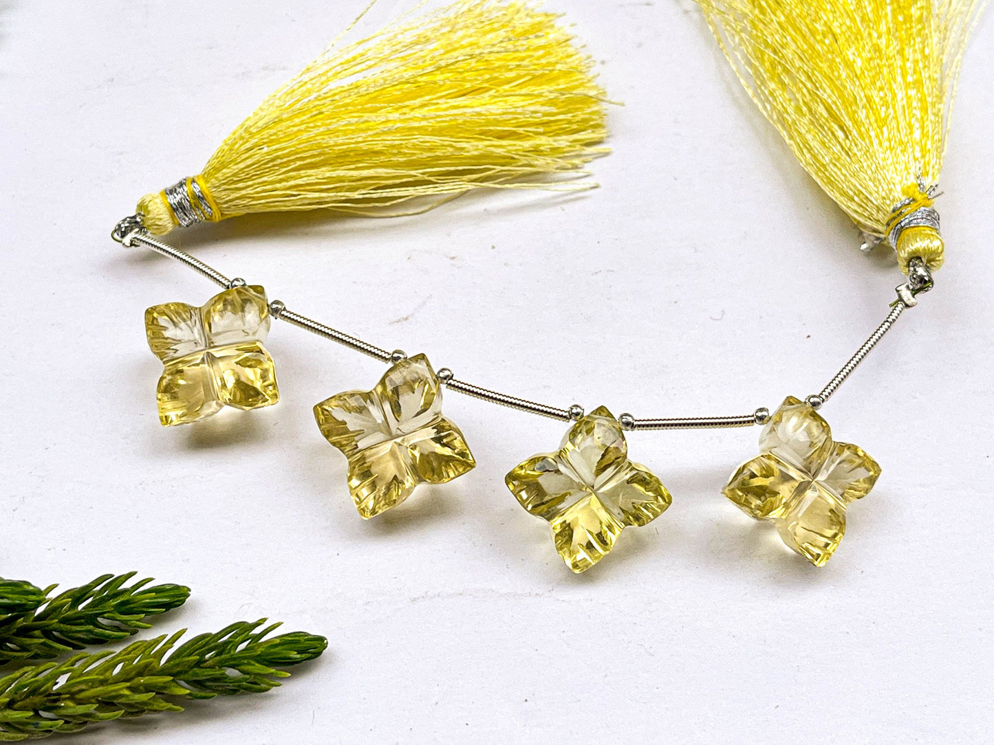 Lemon Quartz Buff Top Flower Carving Beads, 13x13mm, 4 Pieces, Natural Gemstone, Beadsforyourjewellery
