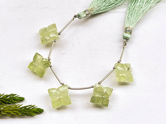 Prehnite Buff Top Flower Carving Beads, 12x12mm, 5 Pieces, Natural Gemstone, Beadsforyourjewellery