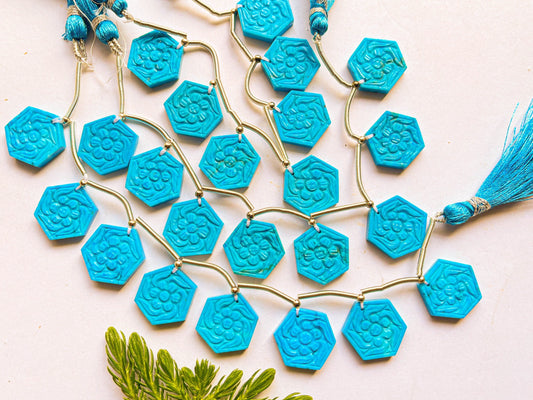 Turquoise Hexagon Shape Flower Carving Beads