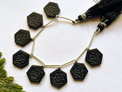 8 Pieces Black Onyx Hexagon Shape Flower Carving Beads, Black Onyx Flower Carving, Black Onyx Carving Beads, Black Onyx Beads, 15x15mm