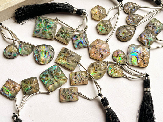 Abalone Shell & Crystal Cameo Doublet Briolette Beads, Abalone Shell Carving, Frosted Crystal Carving, Abalone Shell Carving Beads
