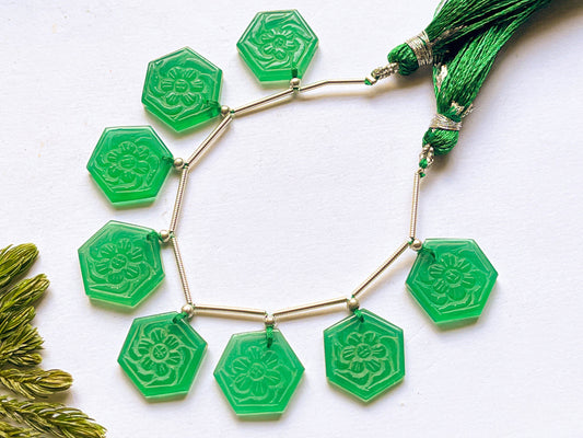 Green Onyx Hexagon Shape Flower Carving Beads