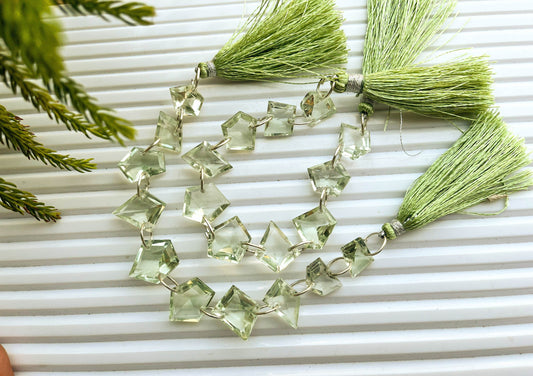 Green Amethyst Uneven Shape Faceted Double Drill Beads, Green Amethyst Double Hole Beads, 8x10mm to 8x13mm, 5 inch, 10 Pieces String