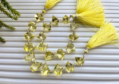 Lemon Quartz Uneven Shape Faceted Double Drill Beads, Lemon Quartz Double Hole Beads, 8x10mm to 8x13mm, 5 inch, 10 Pieces String