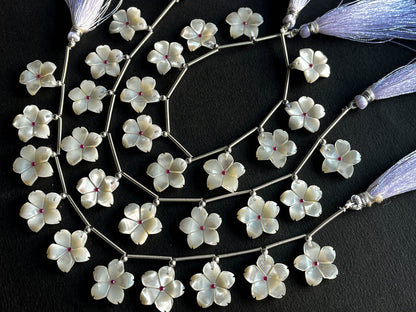 White Mother of Pearl Flower Carved Beads with Pink Cubic Zirconia