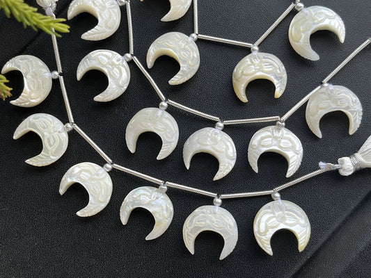 6 Pieces Mother of Pearl Carved Crescent Moon Shape Beads, Natural Pearl for jewelry making, 15x15mm, 10 Pieces, Beadsforyourjewellery
