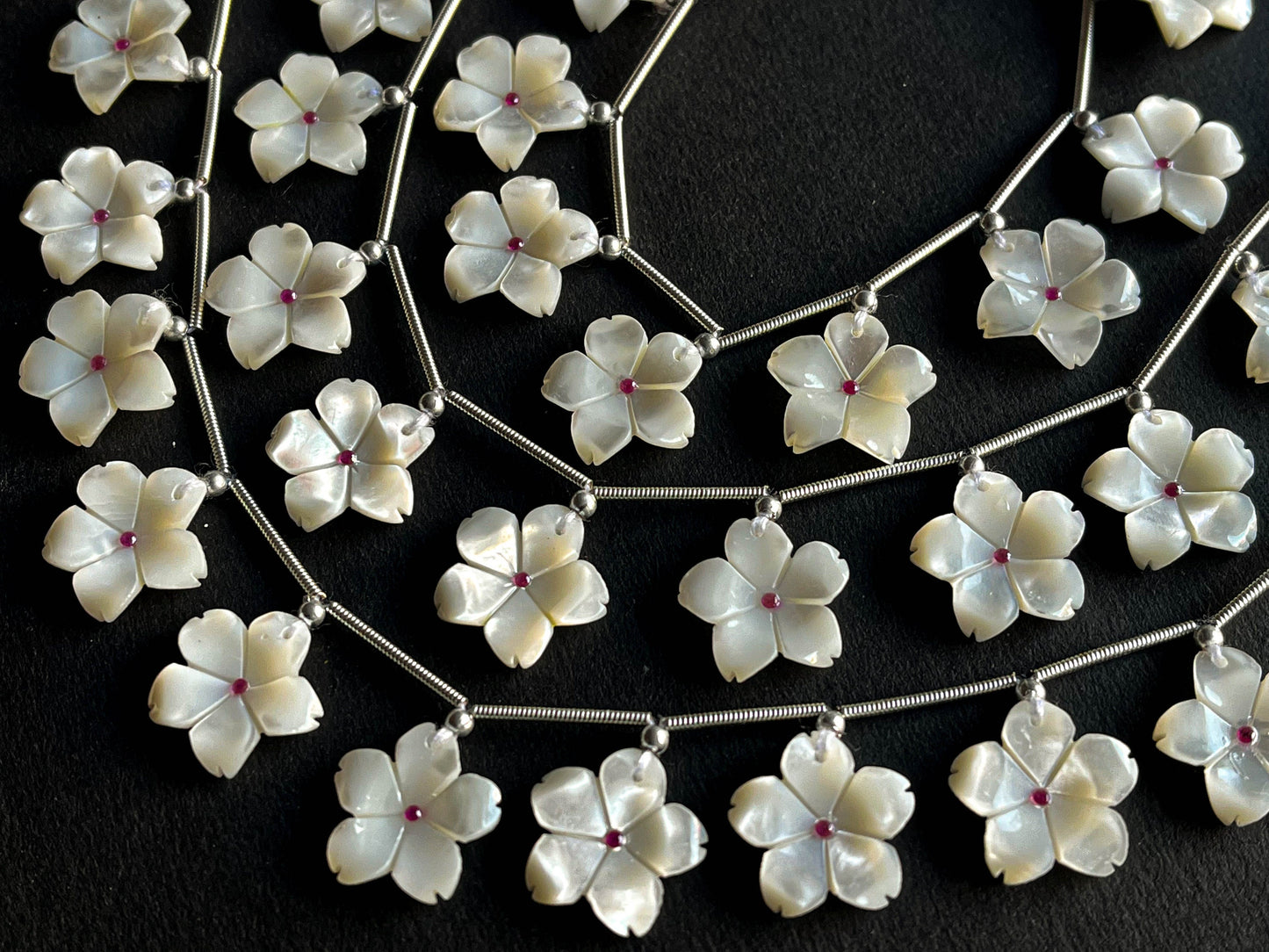 White Mother of Pearl Flower Carved Beads with Pink Cubic Zirconia