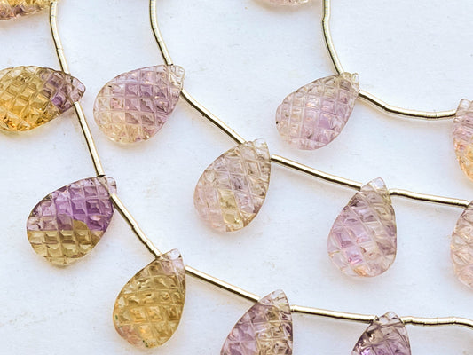 8 Pieces Ametrine Carved Briolette Beads, Natural Ametrine Beads, Ametrine gemstone, Ametrine Briolette