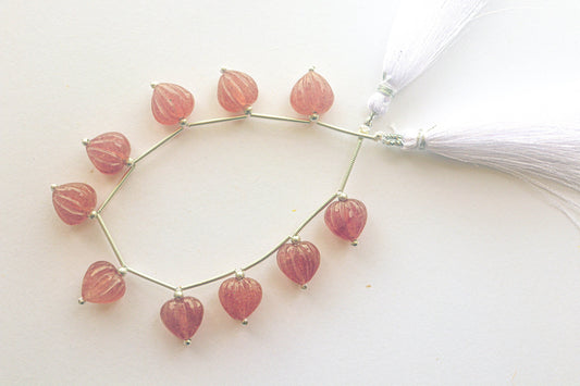 Pink Strawberry Quartz Carved Heart Shape Beads