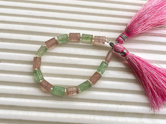 15 Pieces Pink Strawberry Quartz & Green Aventurine Faceted Baguette Shape Beads, Natural Gemstone, Center Drill, 5x8mm