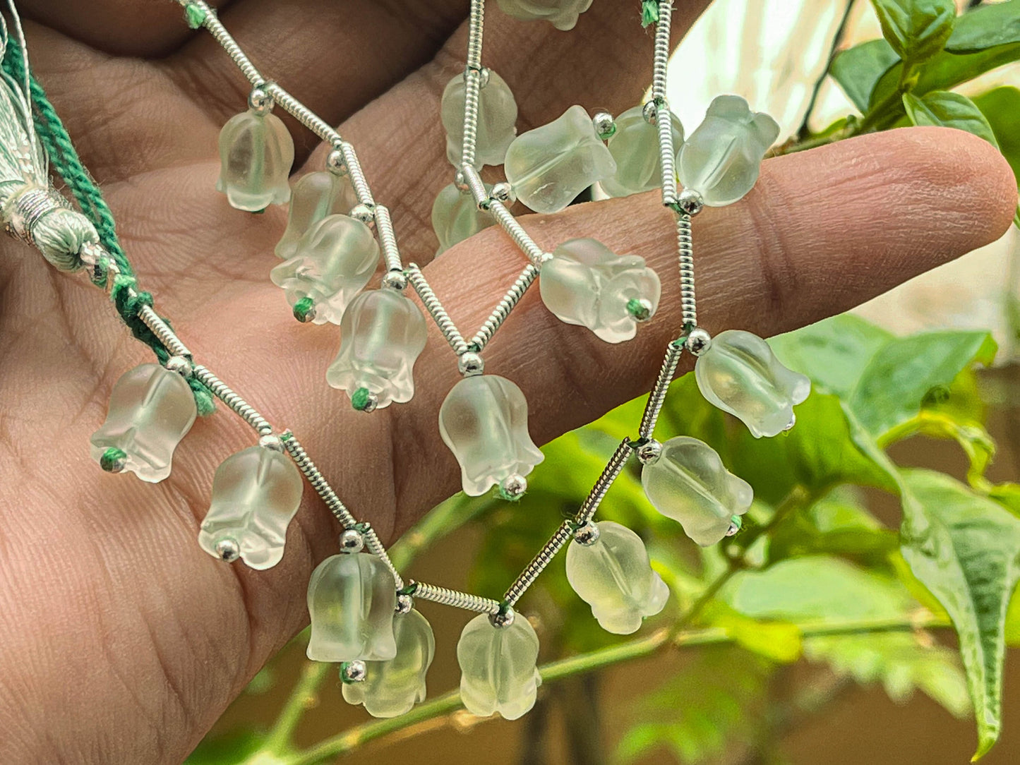 Natural  Frost Green Amethyst flower carving Lily of the valley shape beads