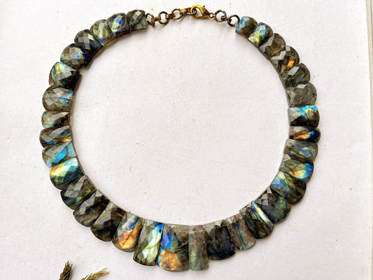Natural Labradorite Multi Fire Bib Necklace, Cleopatra Egyptian Necklace, Fancy Beach Jewelry, AAA+ Labradorite Choker Handmade Necklace