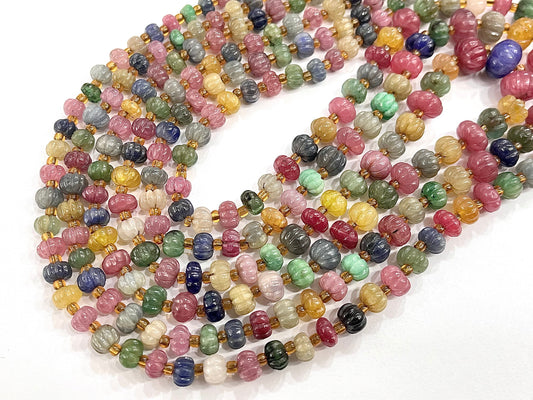 22 Inch Multi Precious Gemstones Ruby, Sapphire, Emerald Hand carved Melons Shape beads, Carved Pumpkin Beads, Rondelle Carving Beads