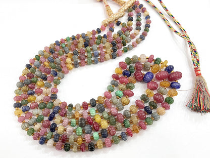 Multi Precious Gemstones Ruby, Sapphire, Emerald Hand carved Melons Shape beads